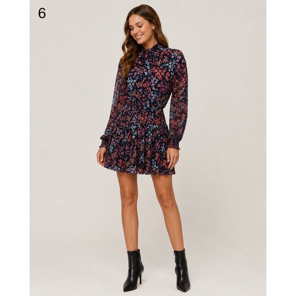 AE Studio Floral Print Mini Dress Long Sleeve Tie Neck Smocked Waist M
